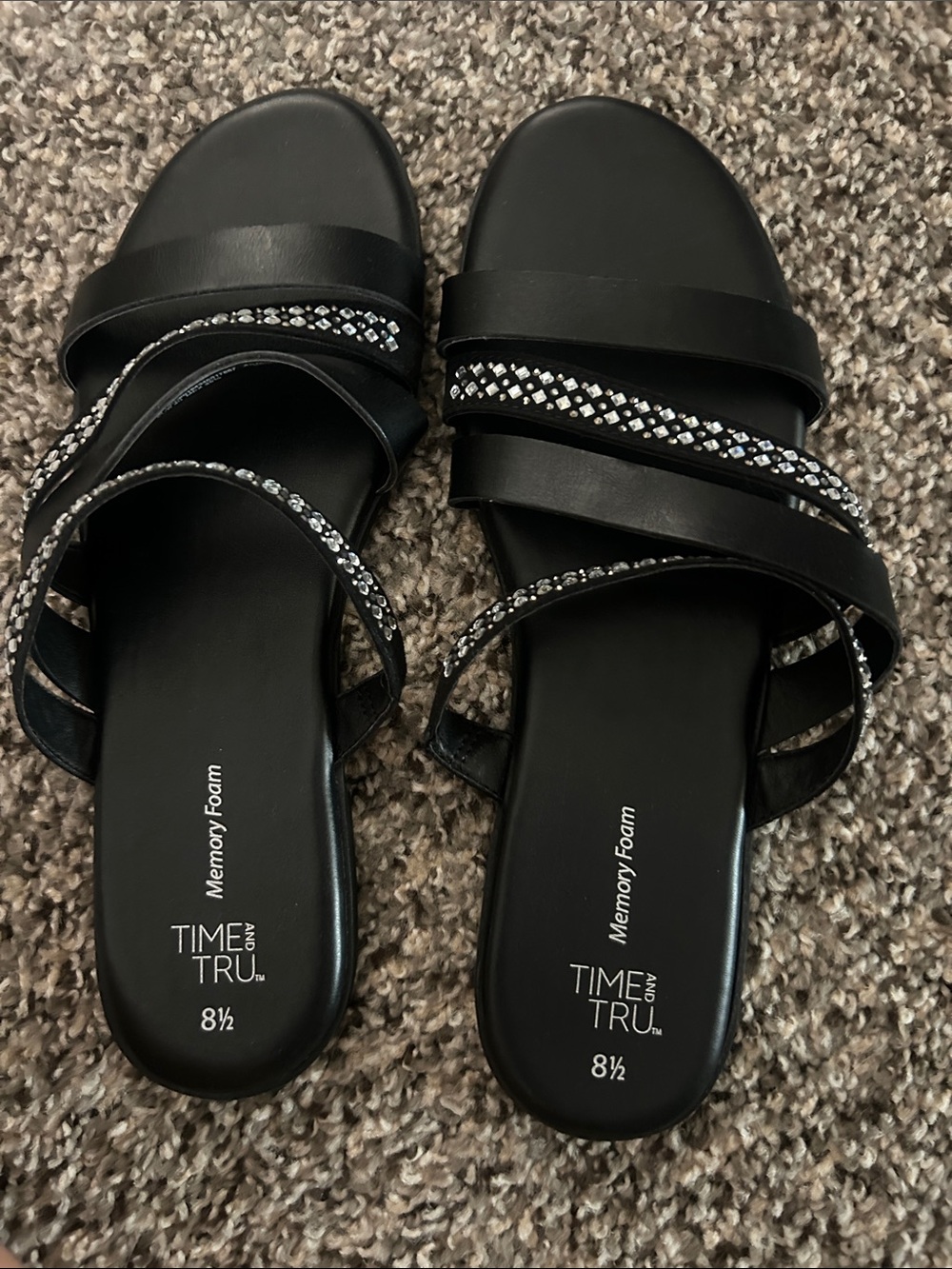 Time and Tru Black Slide Sandals with Rhinestone Straps
